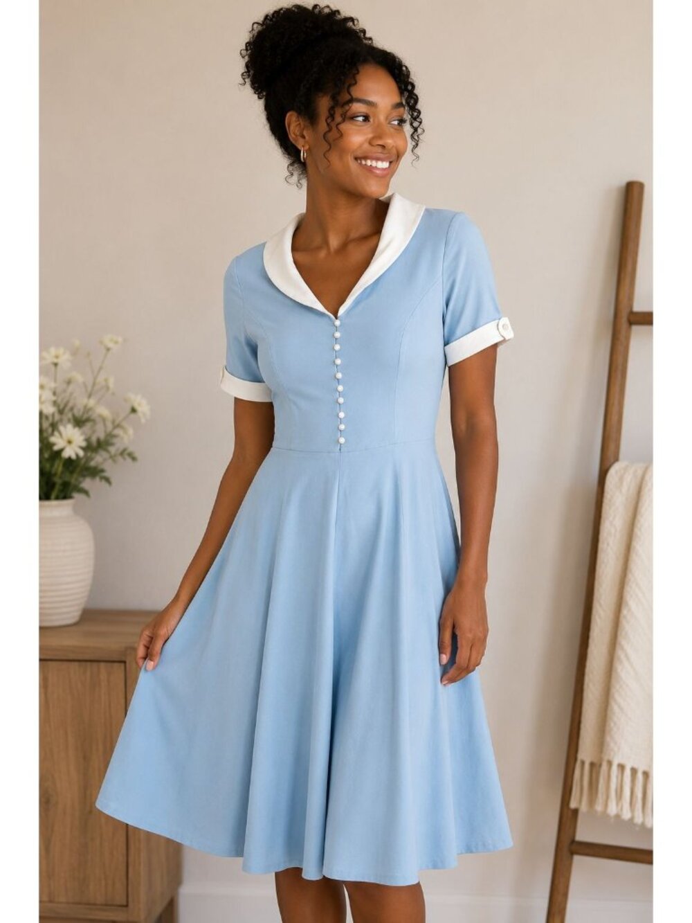 Blue Fit & Flare Dress Gown Town Vintage Peter Pan Collar Midi L